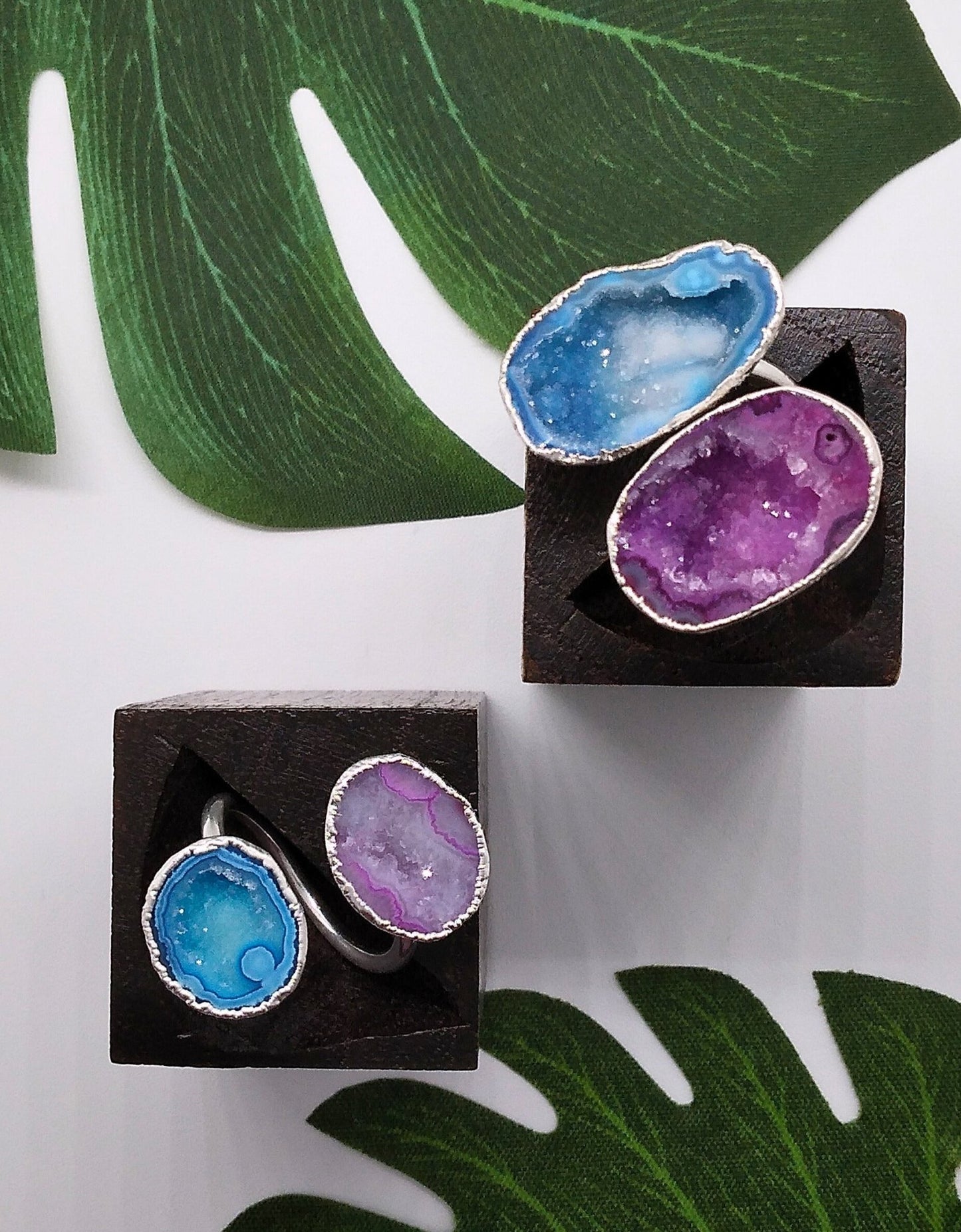 Aqua Blue and Magenta Double Geode Druzy Silver Ring - Violet Elizabeth - Jewellery