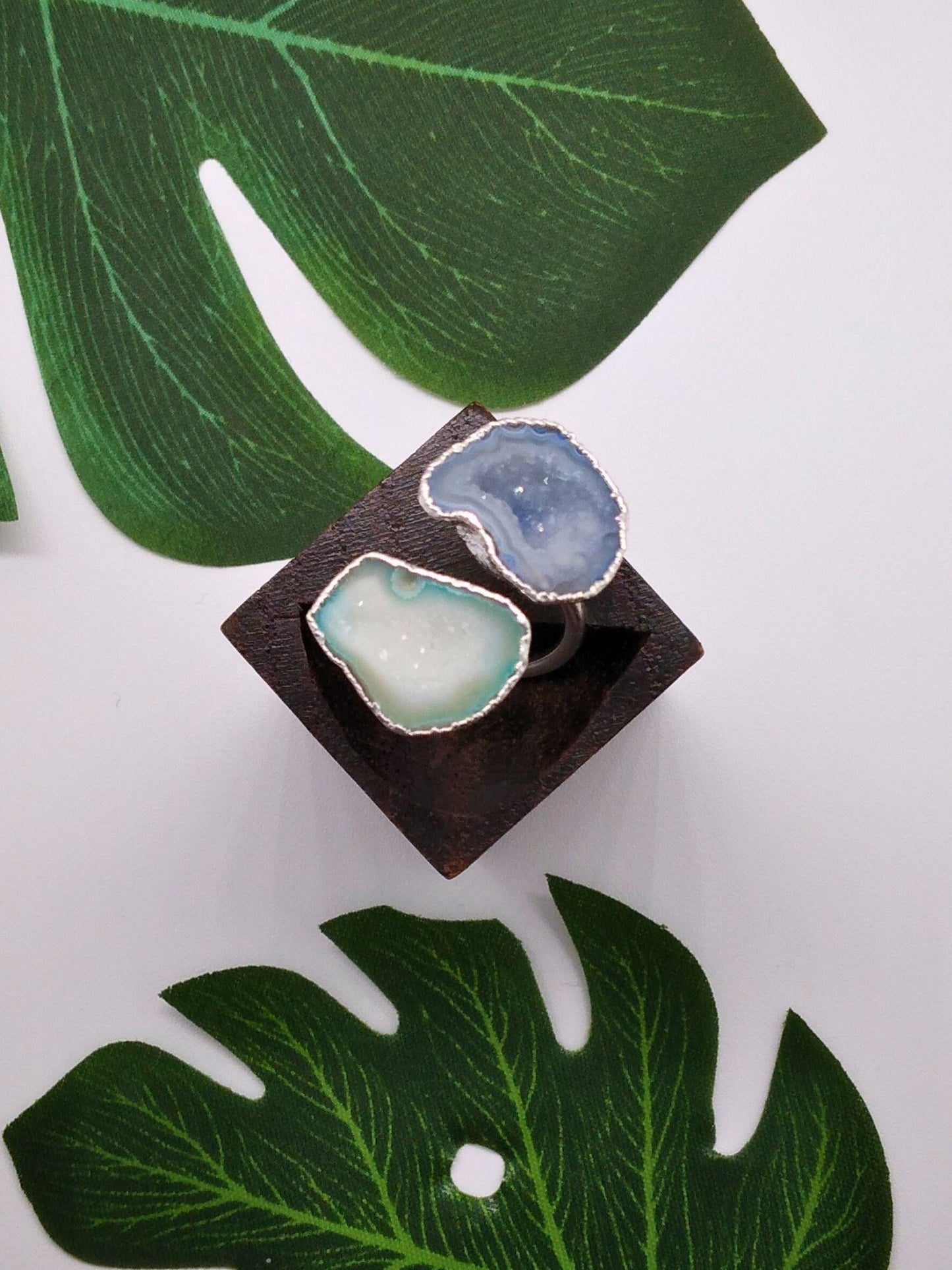 Blue and Mint Green Double Geode Druzy Silver Ring - Violet Elizabeth - Jewellery