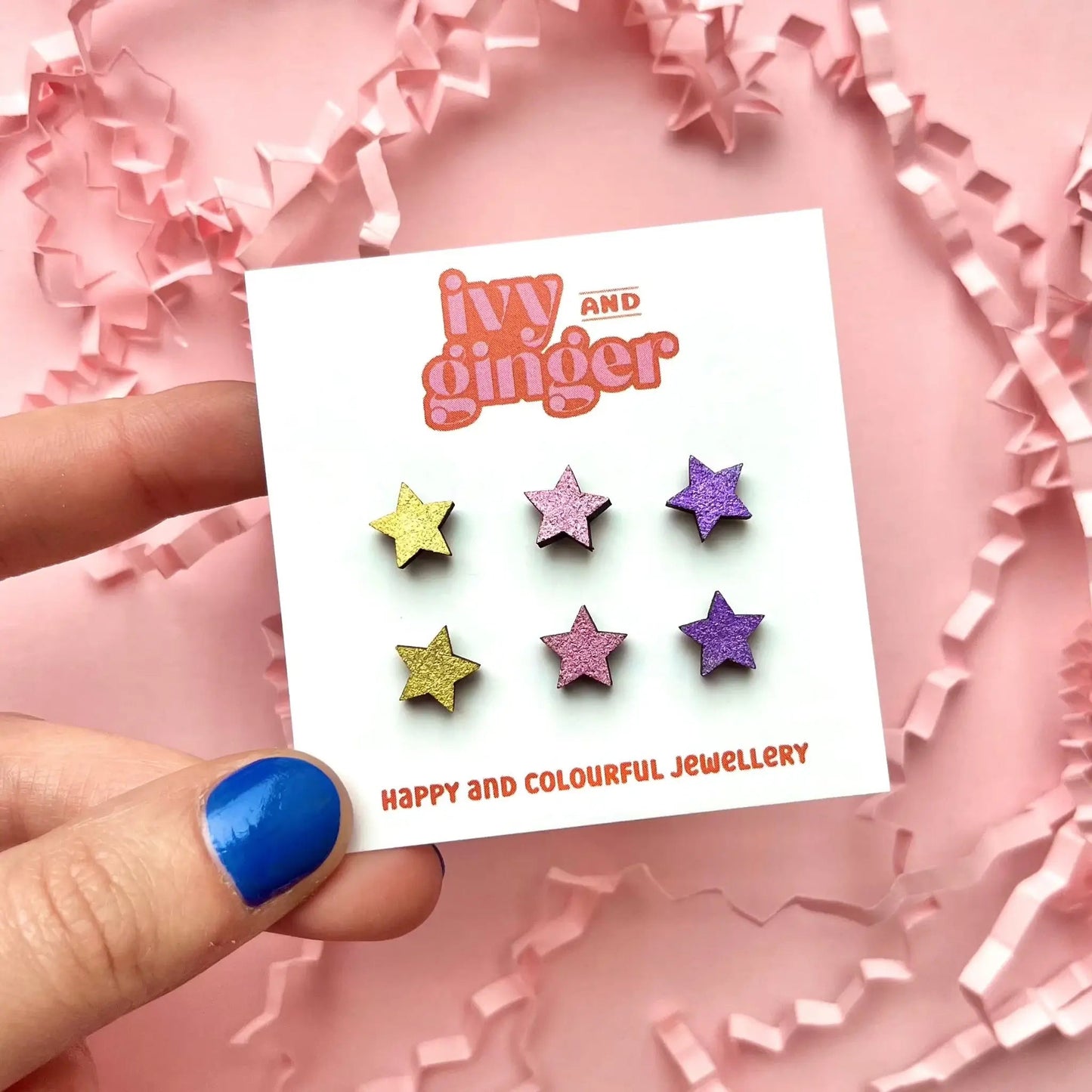 Gold star set mini hand painted wooden earrings - Violet Elizabeth - Jewellery