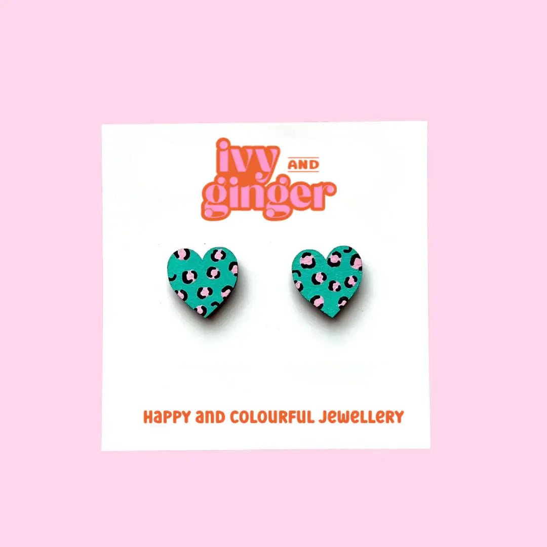 Midi Handmade Leopard Print Heart Studs Green and Pink - Violet Elizabeth -
