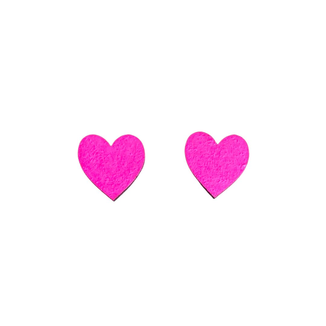 Midi neon pink heart studs hand painted wooden eco friendly - Violet Elizabeth -