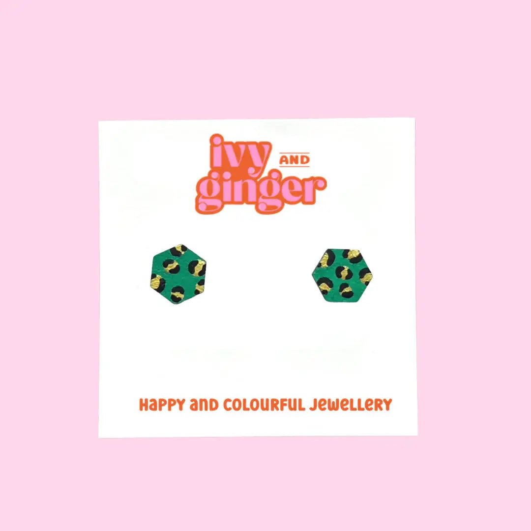 Mini green and gold hexagon leopard print stud earrings - Violet Elizabeth -