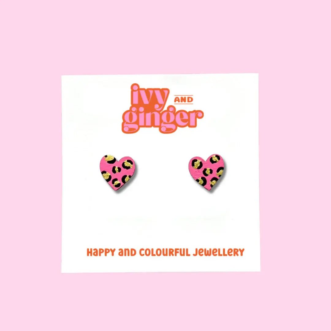 Mini leopard print heart studs in bright pink and golden - Violet Elizabeth -