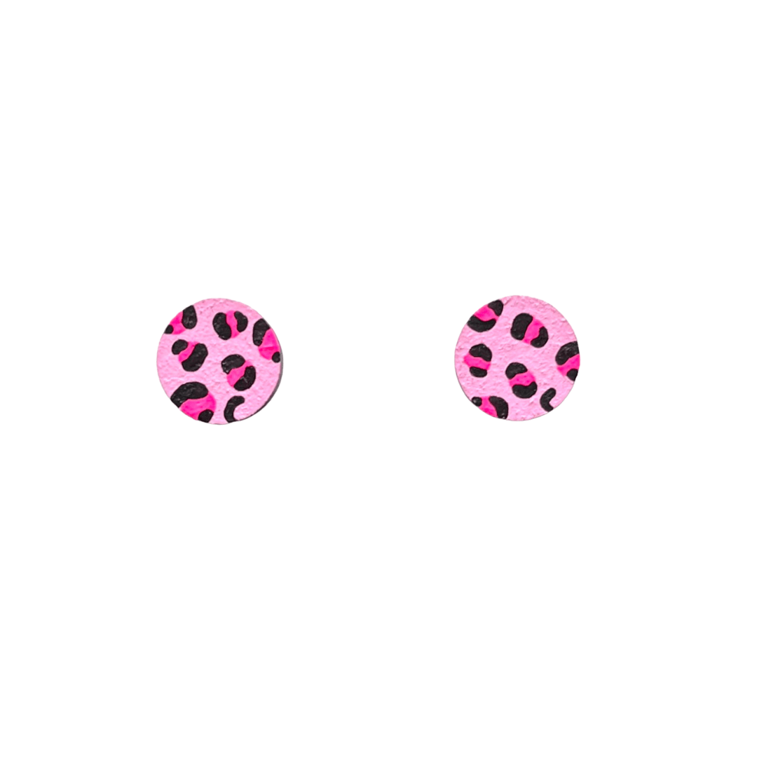 Mini neon pink leopard print circle hand painted eco earring - Violet Elizabeth -