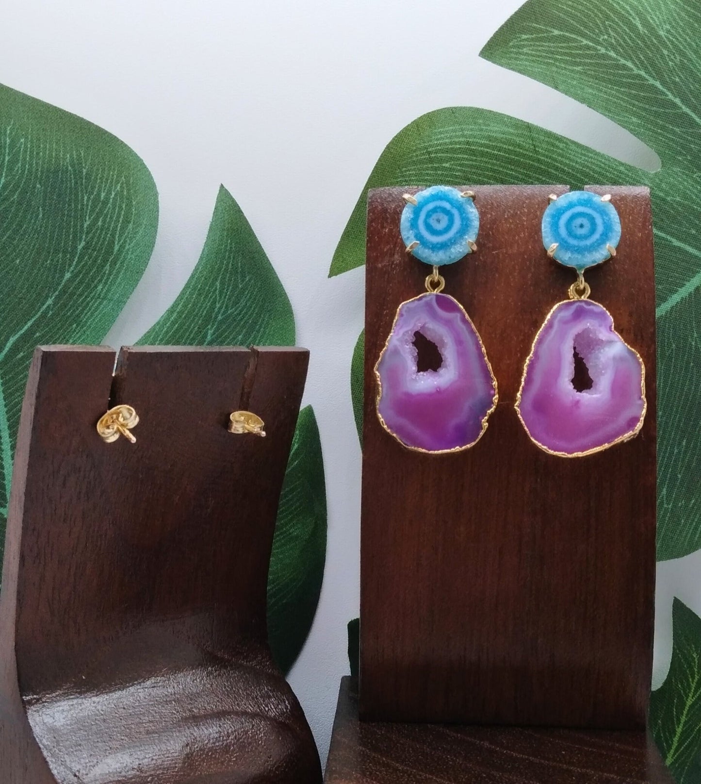 Purple Agate Slice and Sea Blue Solar Quartz Drop Earrings - Violet Elizabeth - Jewellery