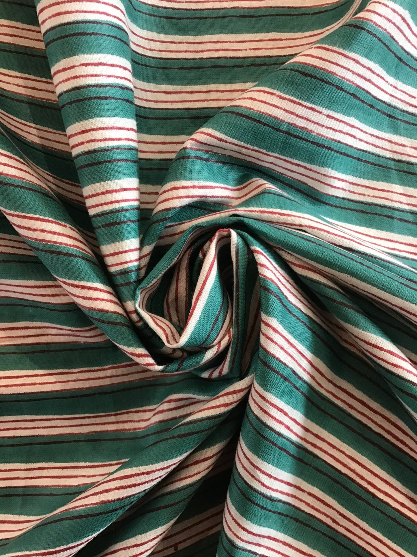 Red, green and white stripe Screen Printed Fabric 100% Cotton - Violet Elizabeth - Haberdashery