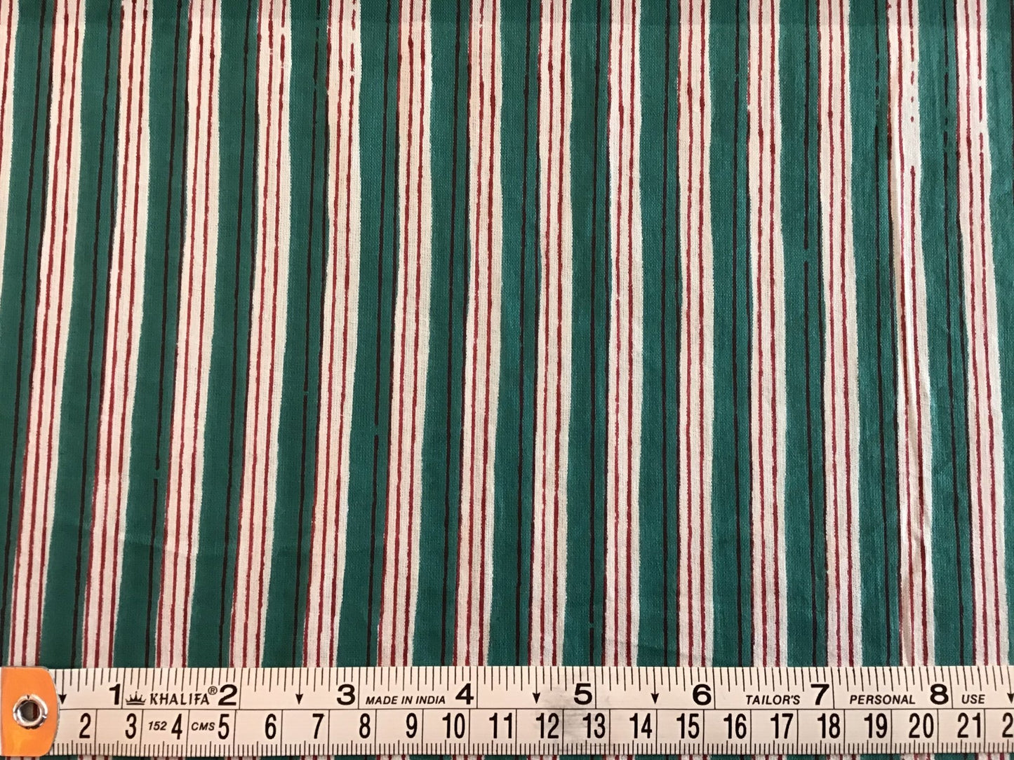 Red, green and white stripe Screen Printed Fabric 100% Cotton - Violet Elizabeth - Haberdashery