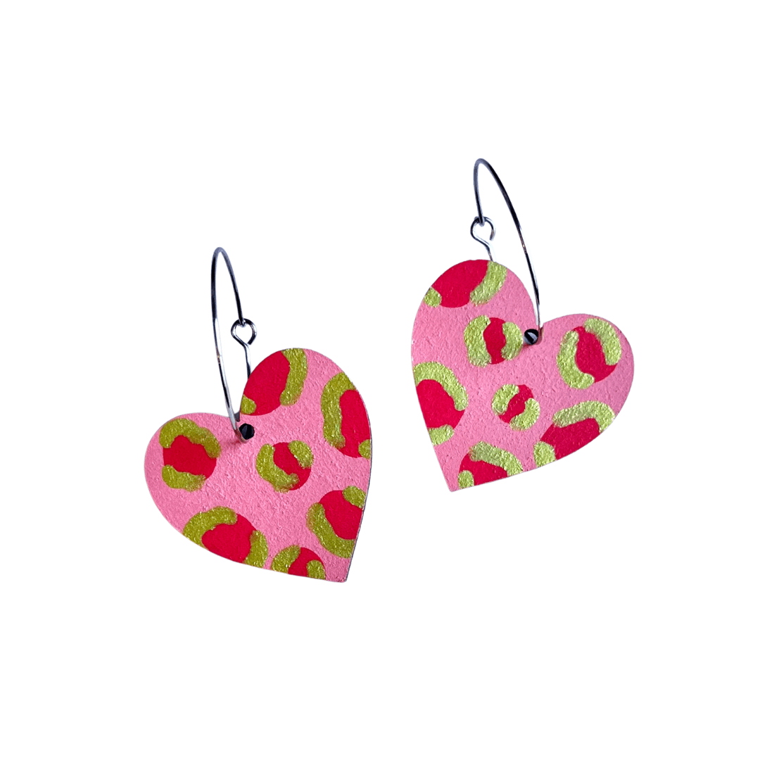 Red pink and gold leopard print hand painted wooden earrings - Violet Elizabeth -