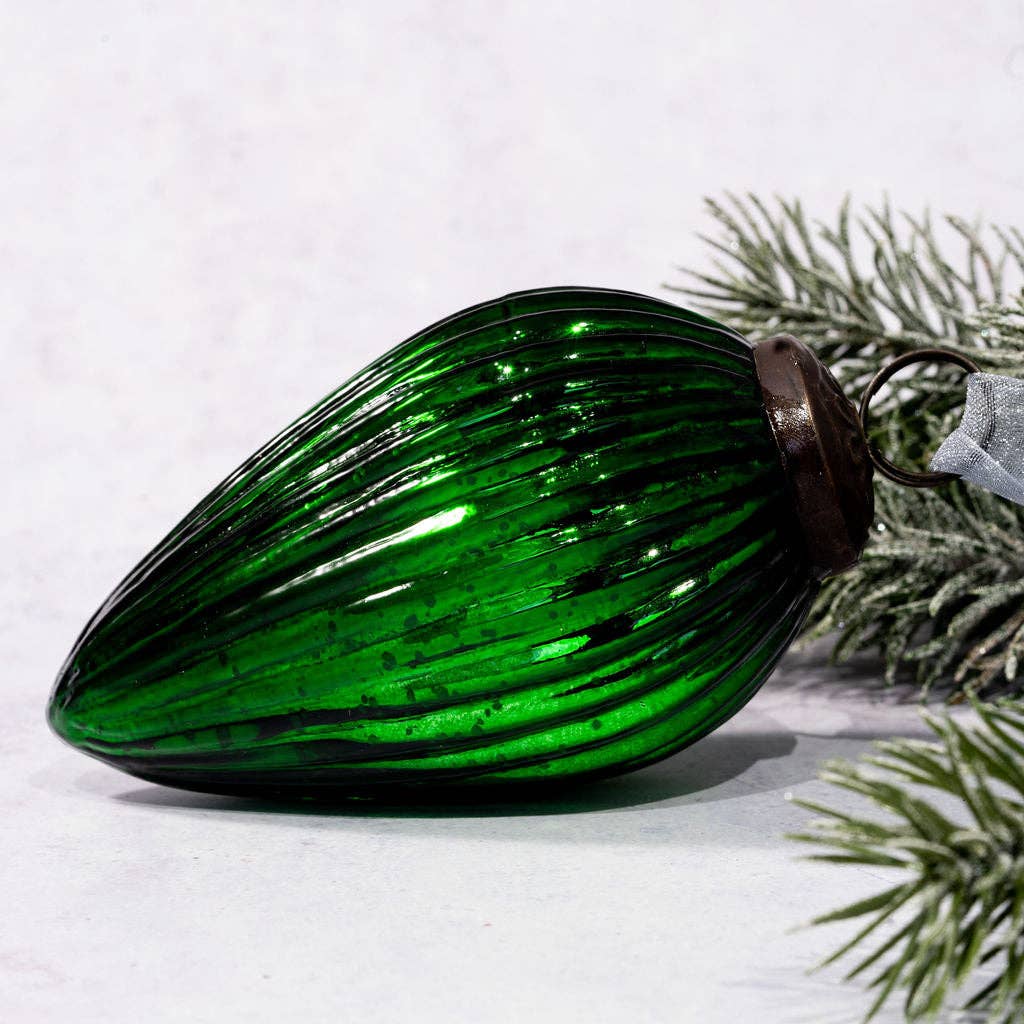 4" Extra Large Emerald Ribbed Glass Pinecone - Violet Elizabeth - Christmas Decorations