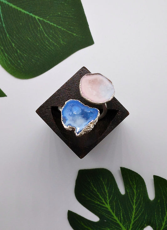 Blue and Star Shine Double Geode Druzy Silver Ring