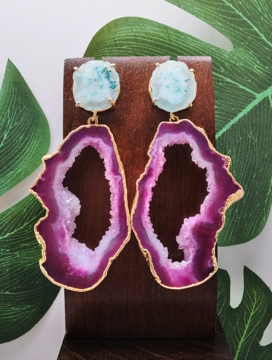 Hot Pink Agate Slice and Sky Blue Solar Quartz Drop Earrings