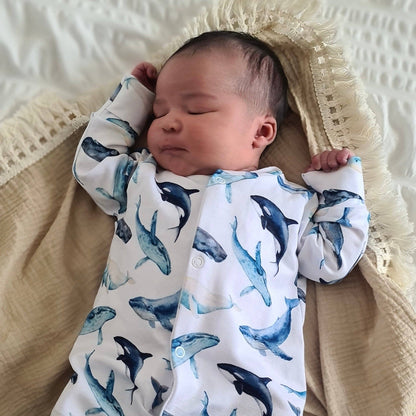 Whale print cotton sleepsuit: 6-12 M