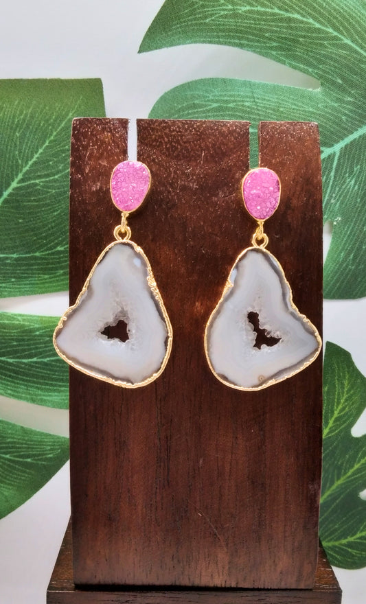 White Agate Slice and Pink Sugar Druzy Drop Earrings