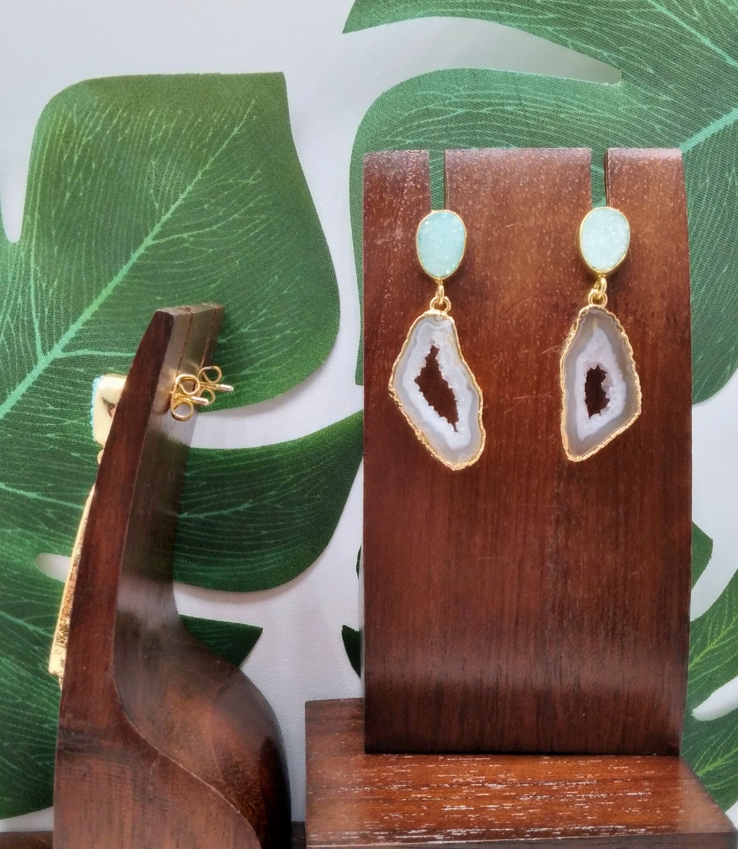 White Agate Slice and Mint Sugar Druzy Drop Earrings