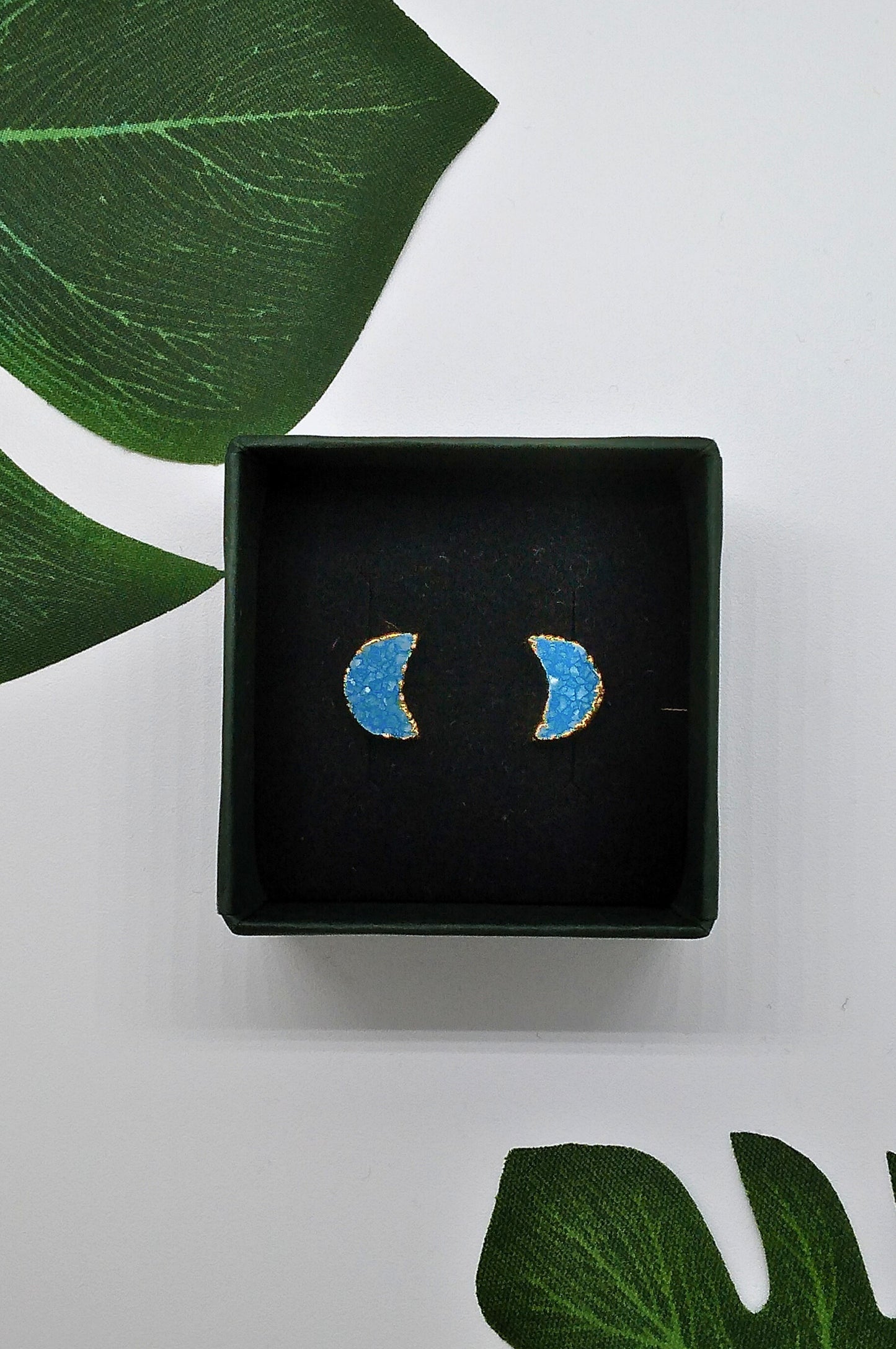 Ocean Blue Geode Druzy Moon Studs