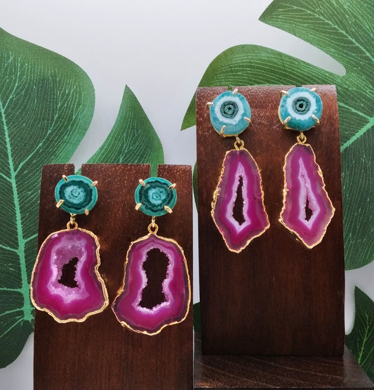 Hot Pink Agate Slice and Sea Green Solar Quartz Drop Earrings