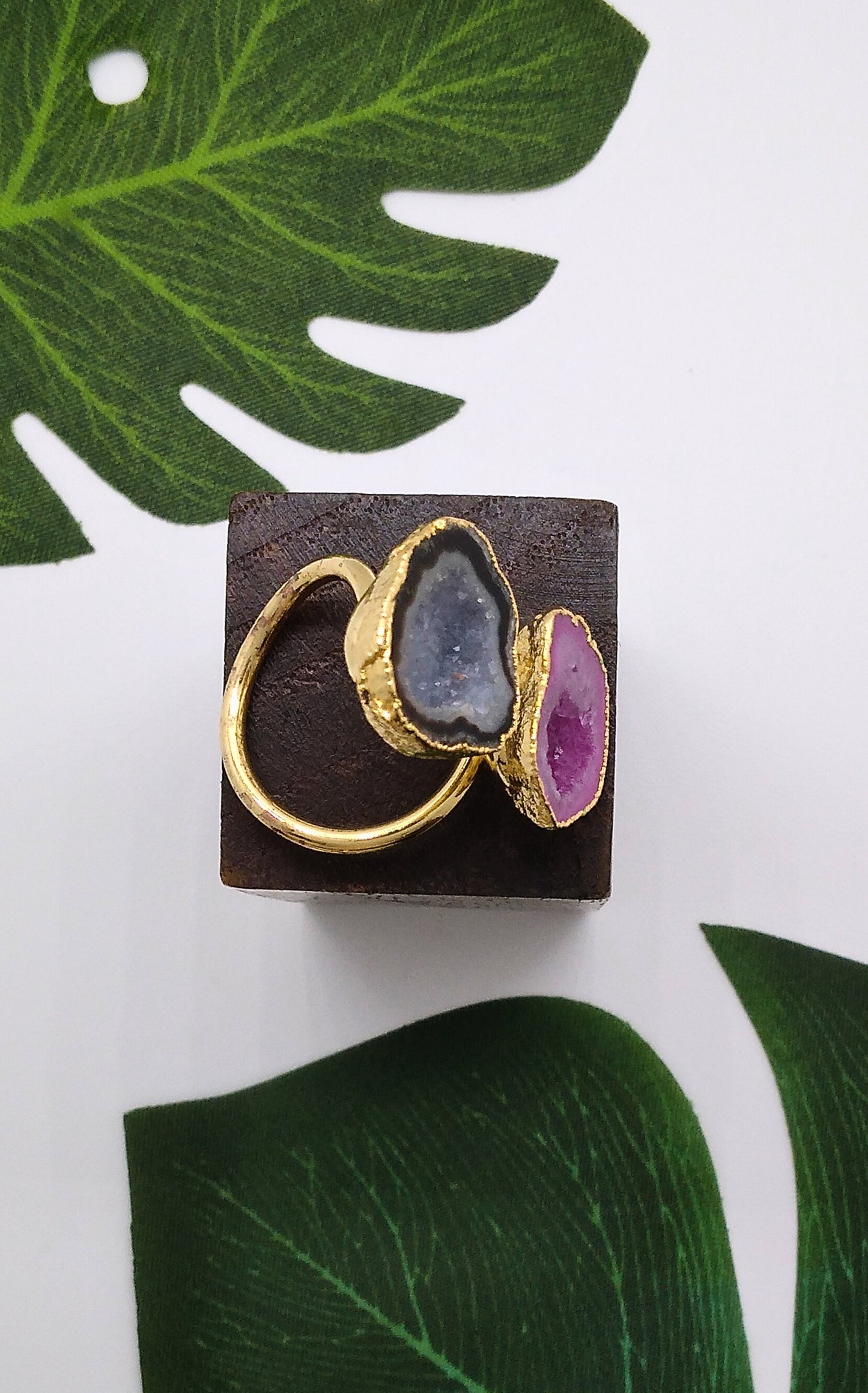 Black and Magenta Double Geode Druzy Ring