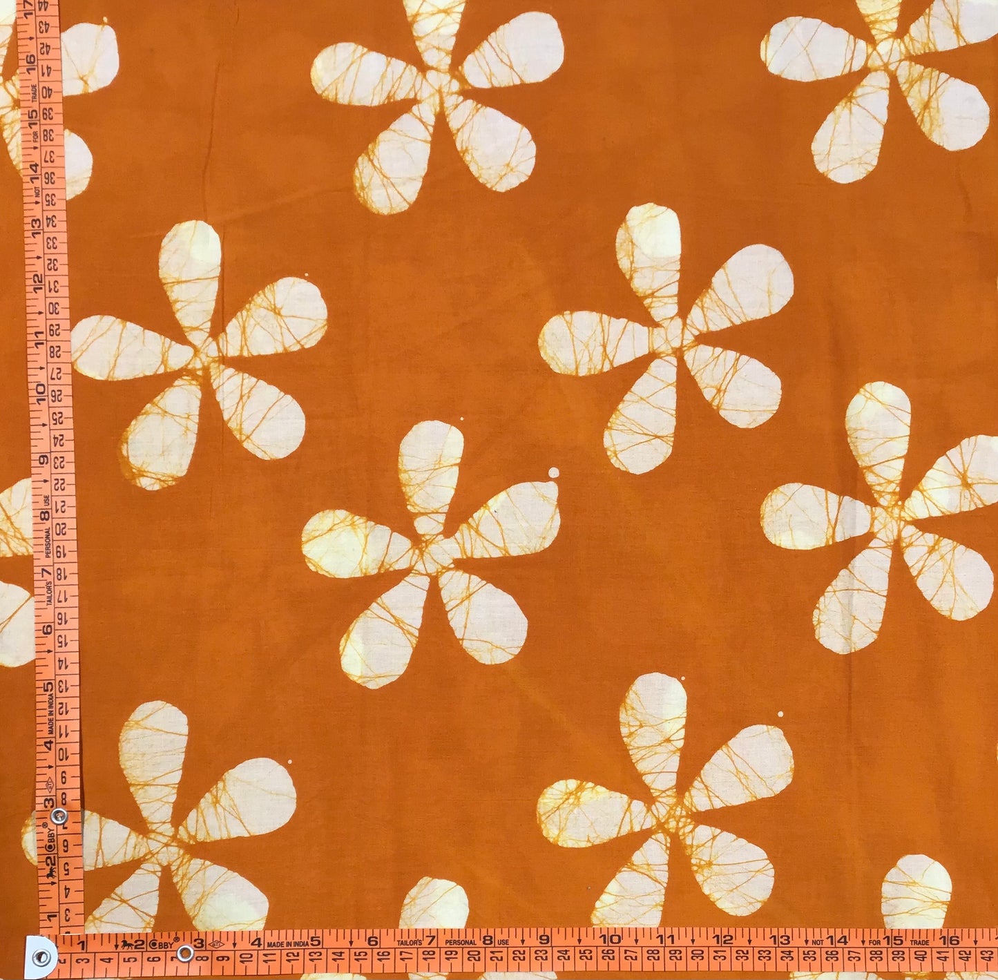 Orange separated flower shapes Batik Hand Printed Pure Cotton Fabric