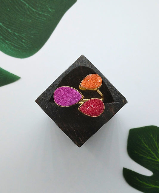 Red, Orange and Pink Triple Sugar Druzy Ring