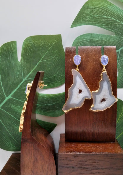 White Agate Slice and Purple Sugar Druzy Drop Earrings