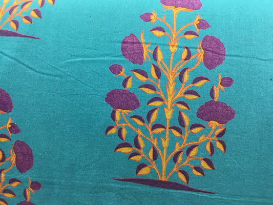 Green with blue flowered plant Screen Printed Fabric 100% Cotton