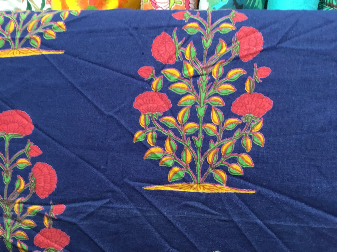 Small Dark Blue With Red Stylised Plant Screen Printed Screen Printed Cotton Fabric