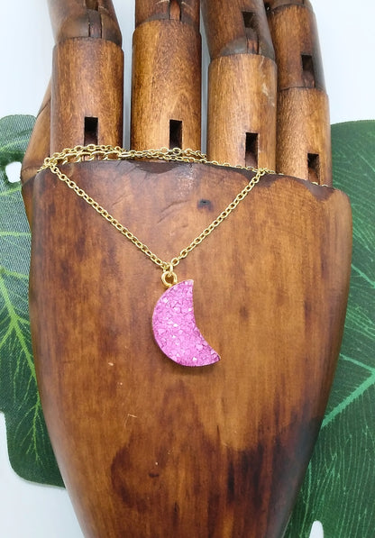 Magenta Geode Druzy Moon Necklace