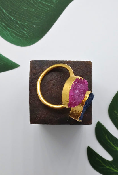 Hot Pink and Blue Double Druzy Agate Ring