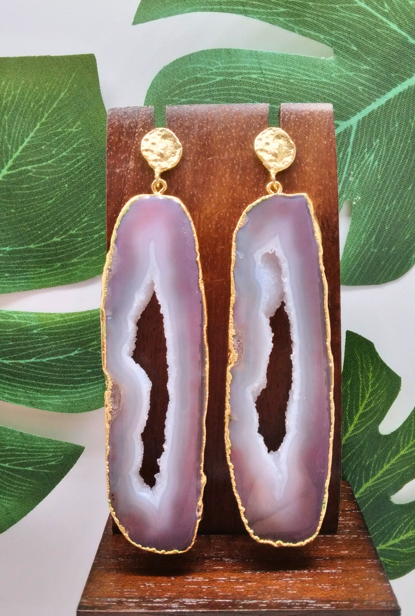 Pink Agate Slice and Gold Stud Drop Earrings