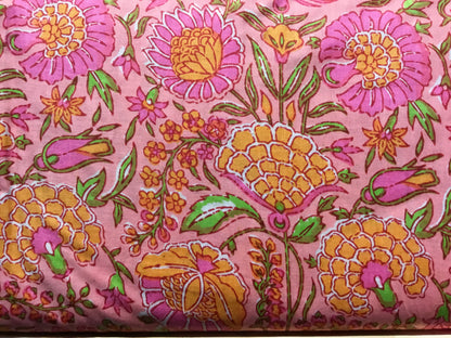 Pink/orange flowers Screen Printed Fabric 100% Cotton