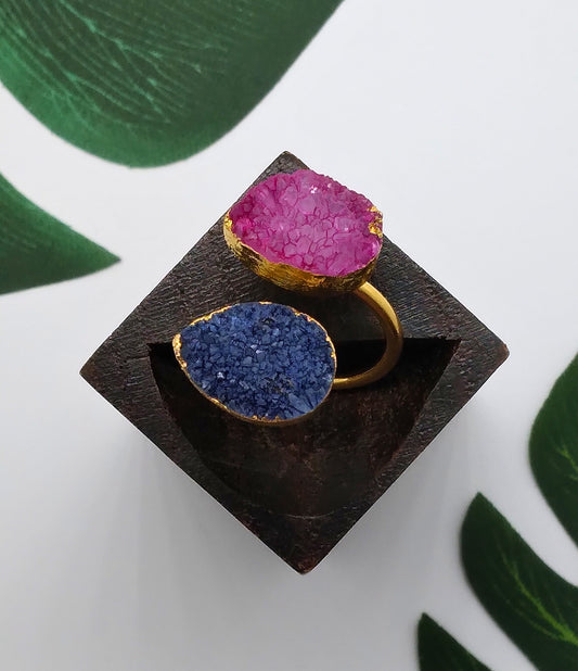 Hot Pink and Blue Double Druzy Agate Ring