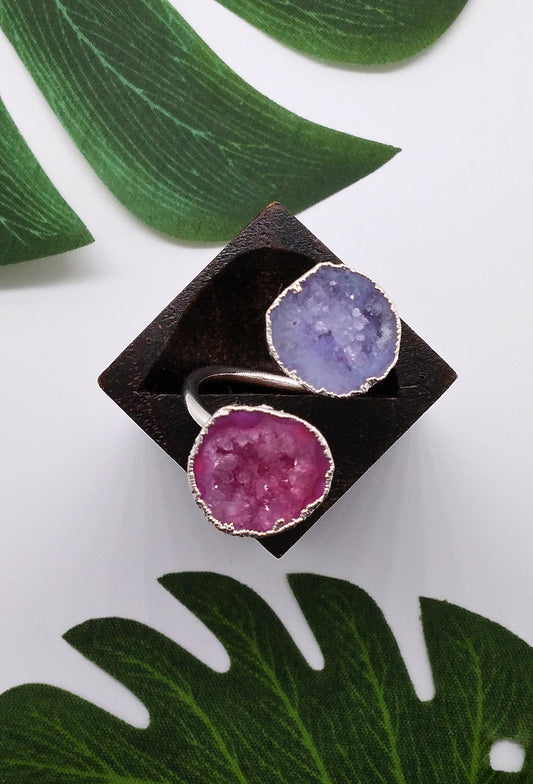 Purple and Magenta Double Geode Druzy Silver Ring