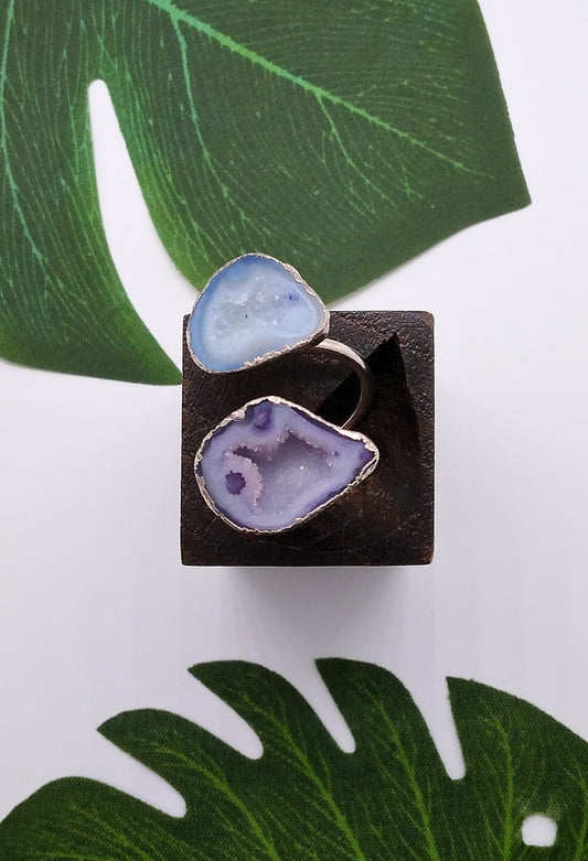 Sky Blue and Purple Double Geode Druzy Silver Ring