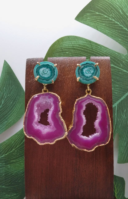 Hot Pink Agate Slice and Sea Green Solar Quartz Drop Earrings