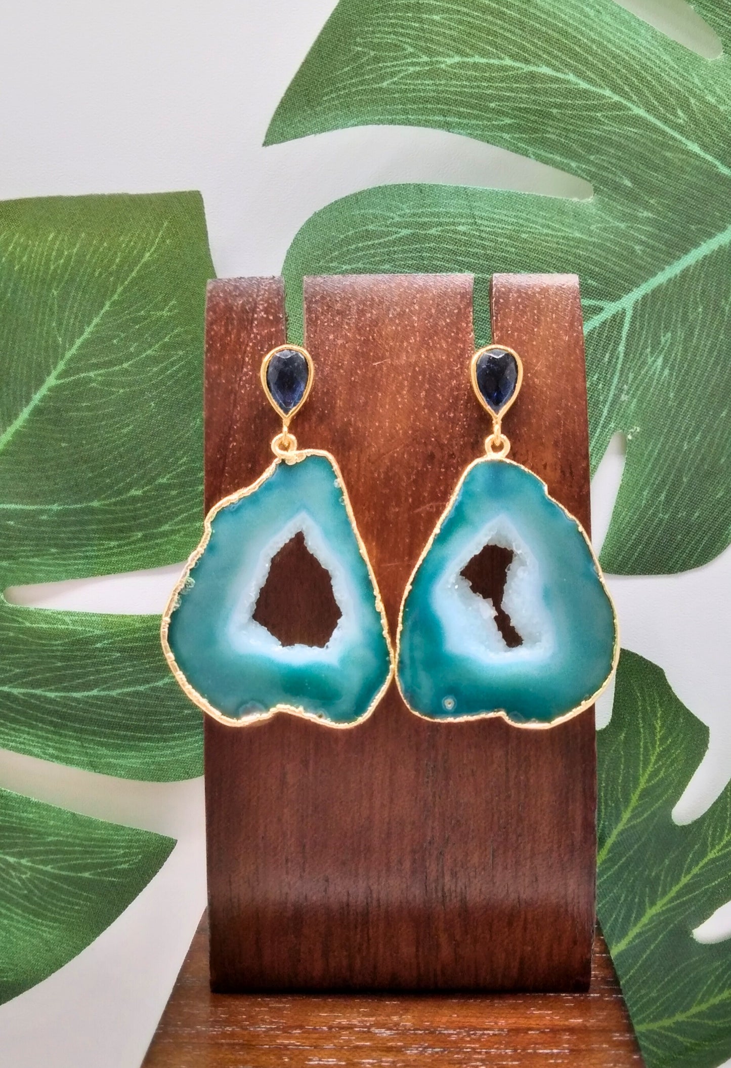 Sea Green Agate Slice and Blue Lolite Gemstone Drop Earrings