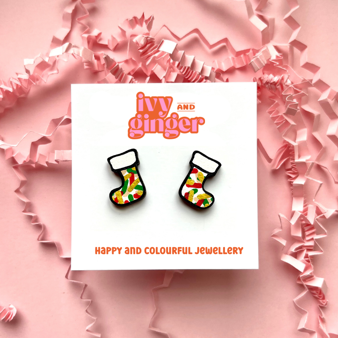 Christmas confetti stocking stud earrings