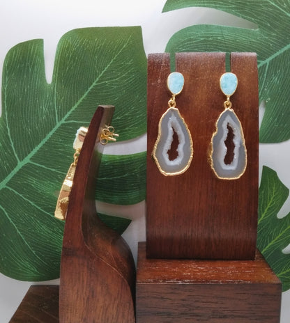 White Agate Slice and Blue Sugar Druzy Drop Earrings