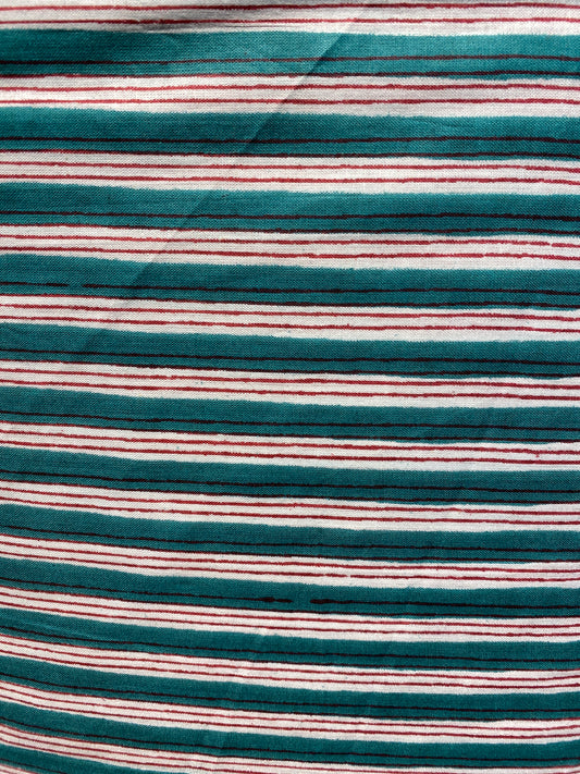 Red, green and white stripe Screen Printed Fabric 100% Cotton