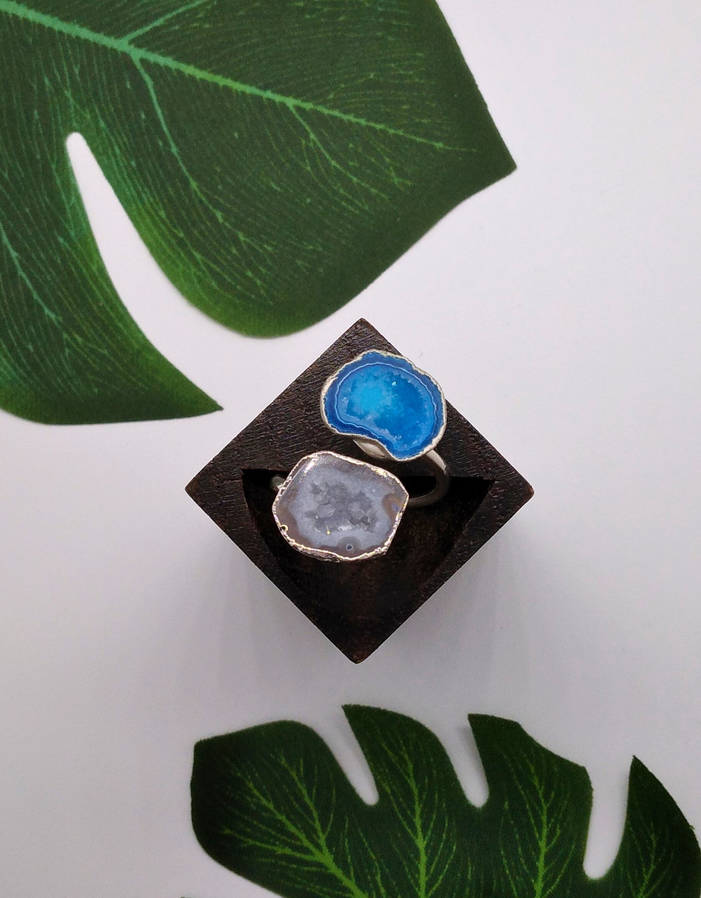 Aqua Blue and Black Double Geode Druzy Silver Ring