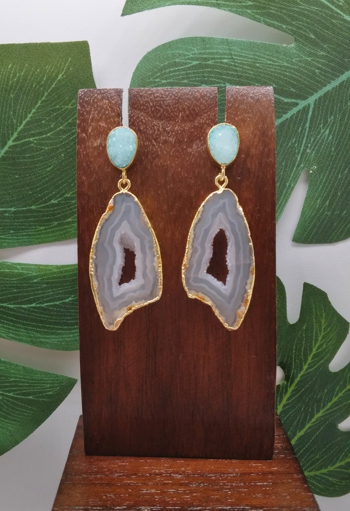 White Agate Slice and Mint Sugar Druzy Drop Earrings