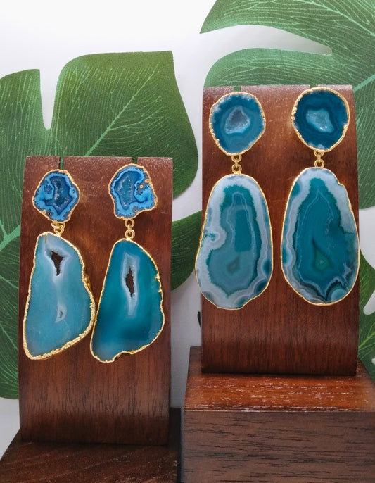 Ocean Green Agate Slice Drop Earrings