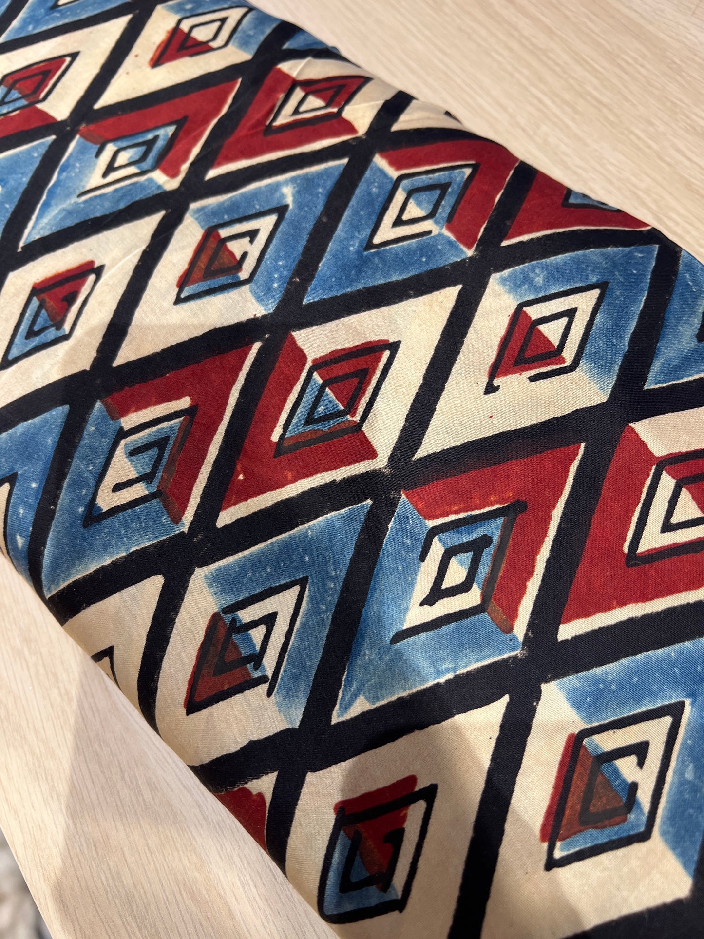 Red blue block print Mushru cotton/silk blend