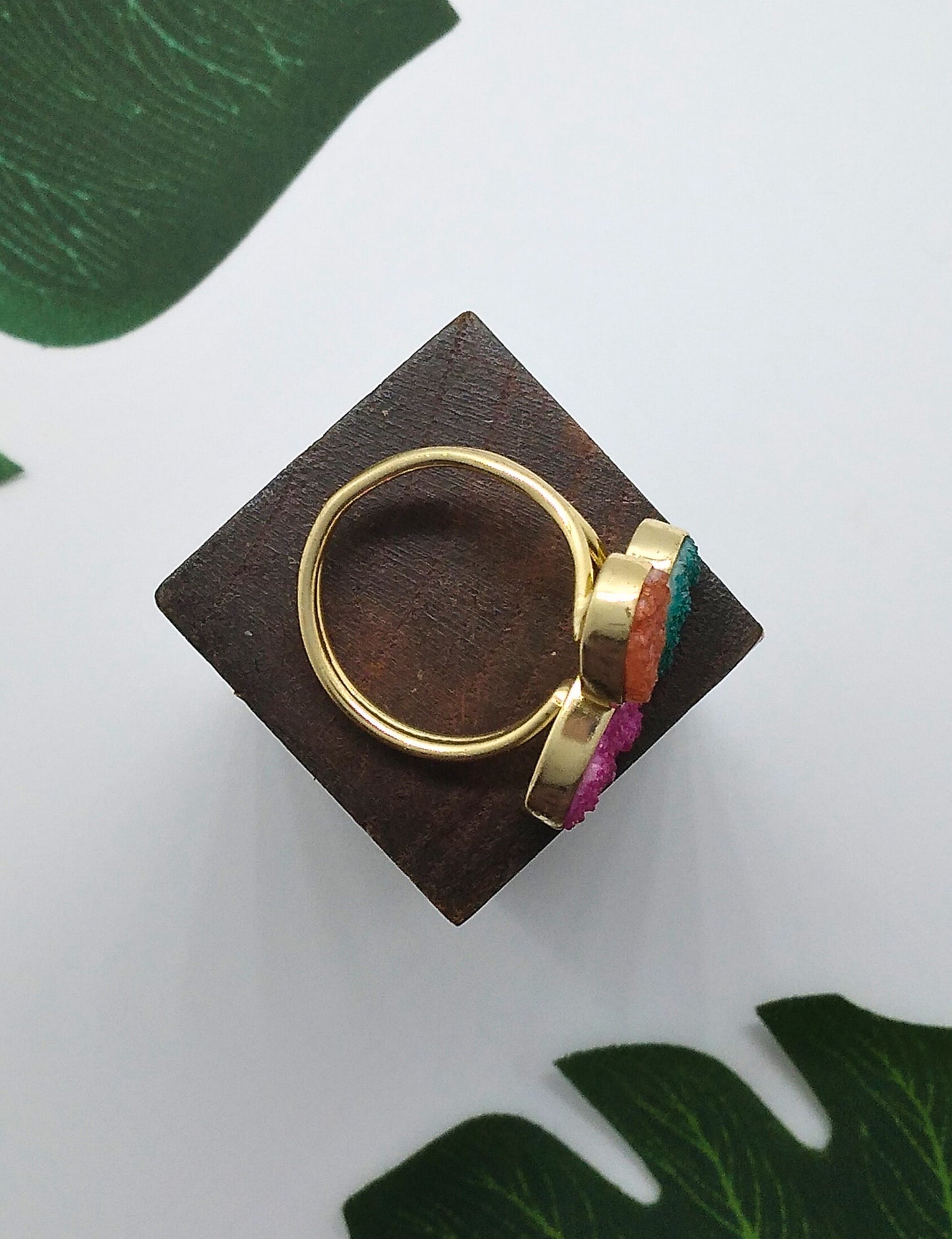 Green, Orange and Pink Triple Sugar Druzy Ring