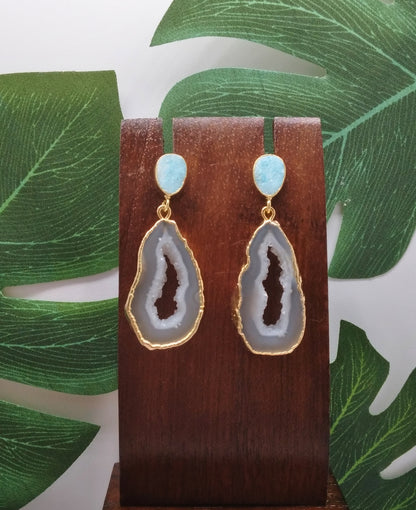 White Agate Slice and Blue Sugar Druzy Drop Earrings