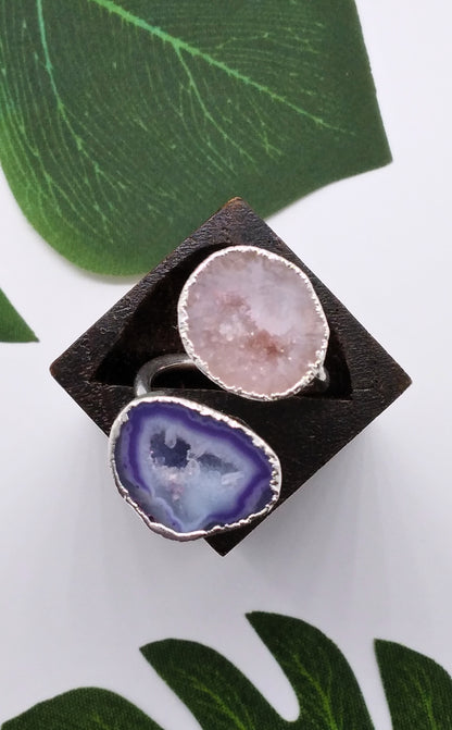 Purple and Pastel Pink Double Geode Druzy Silver Ring