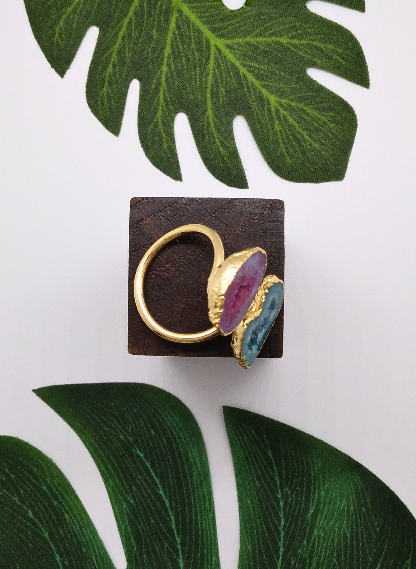 Blue and Magenta Double Geode Druzy Ring