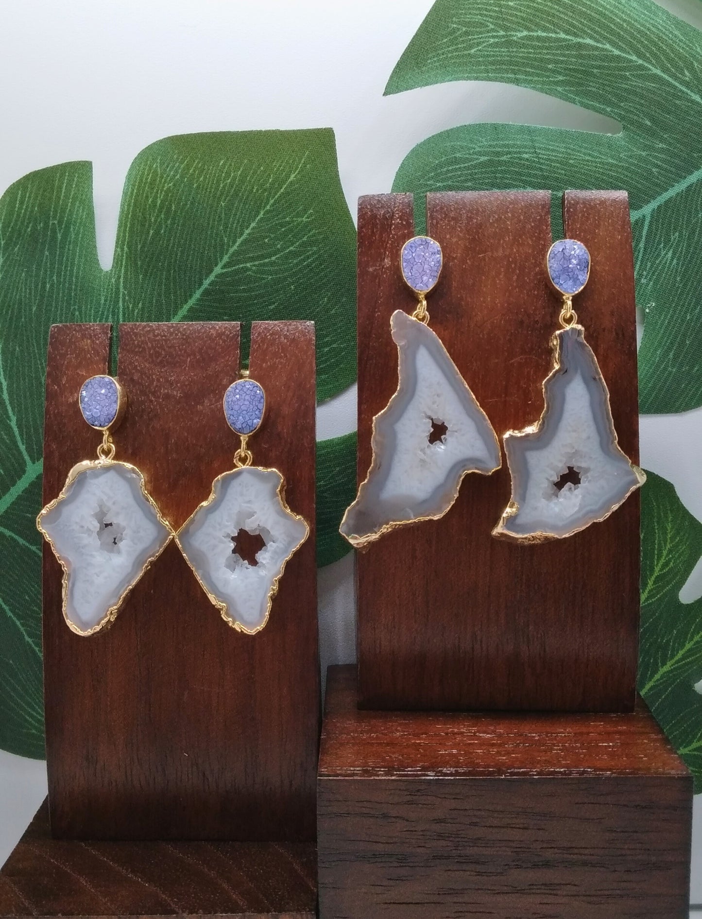 White Agate Slice and Purple Sugar Druzy Drop Earrings