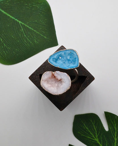 Aqua Blue and Star Shine Double Geode Druzy Silver Ring