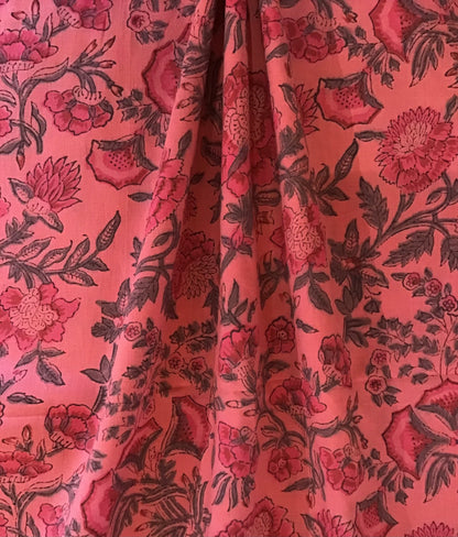 Pink and grey flowers Screen Printed Fabric 100% Cotton