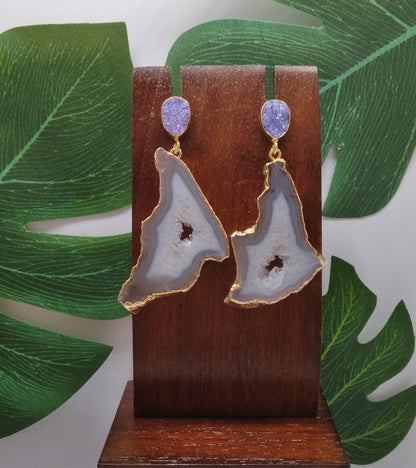 White Agate Slice and Purple Sugar Druzy Drop Earrings